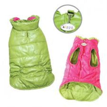 Reversible Puffer Vest with Ruffle Trim.
