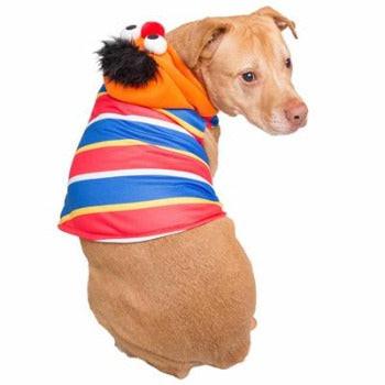 Dog wearing a soft, striped Ernie hoodie with an attached character hood featuring Ernie's face and hair.